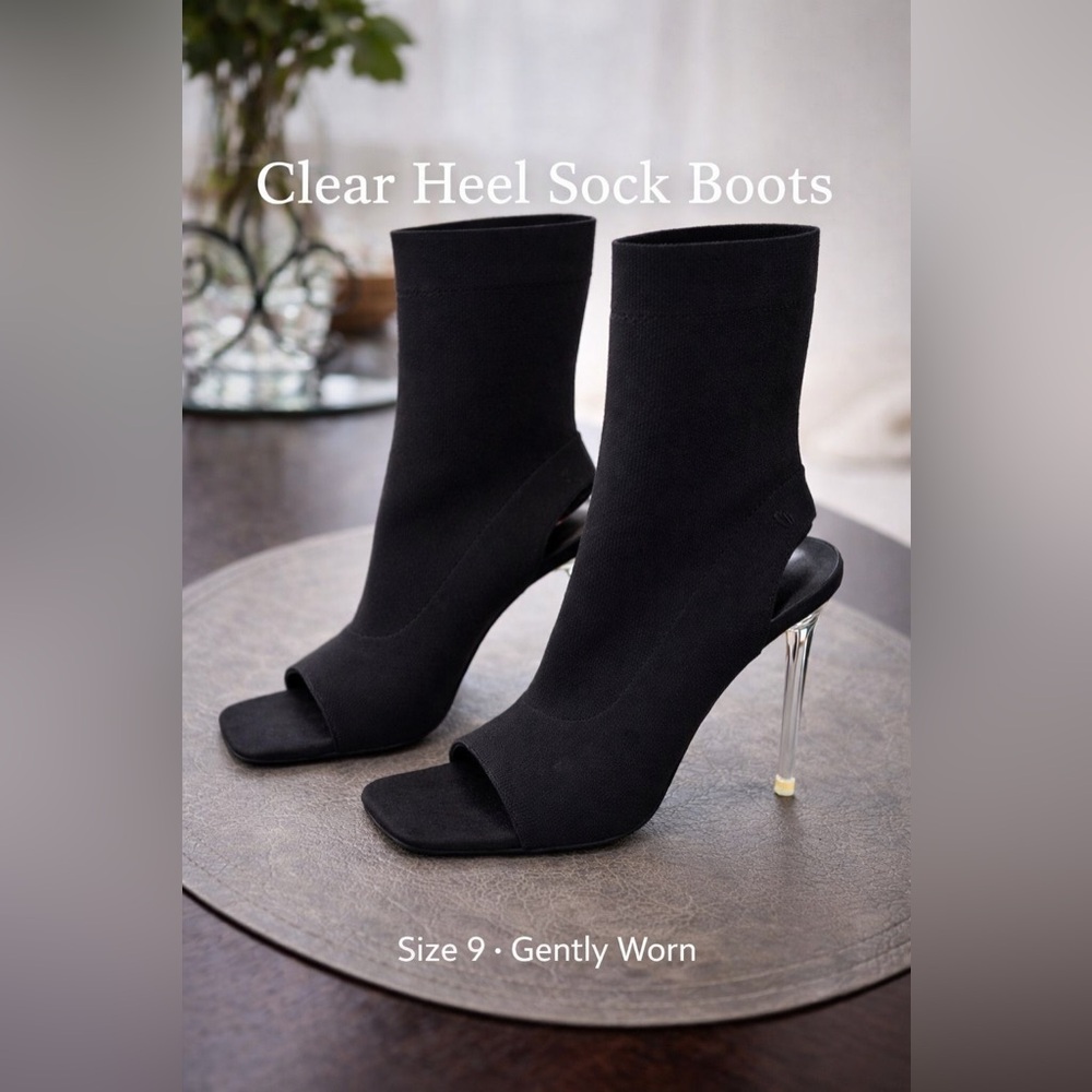 Black Clear Heel Sock Booties - Women's Open Toe High Heels Size 9 Pre-Worn